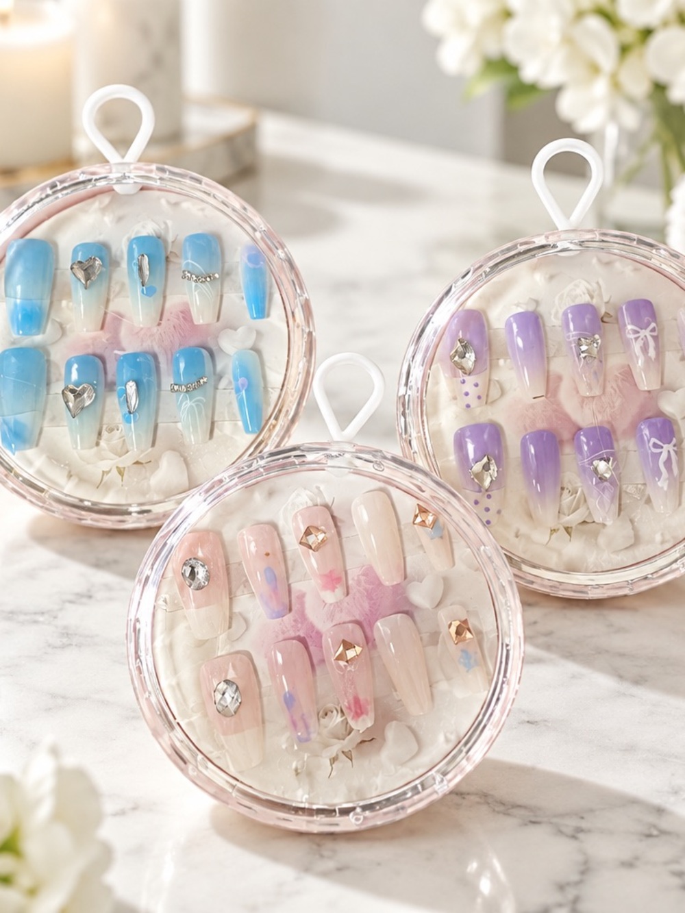 Press-On Nail Set - Pastel Blue, Purple & Pink set of 3